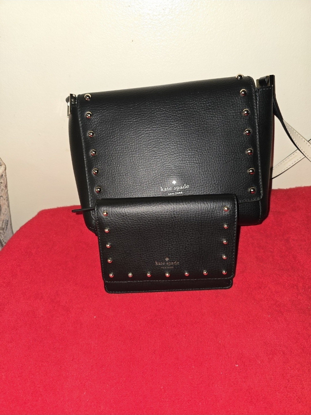 kate spade Black Pebbled Leather Stud Crossbody with Matching Wallet